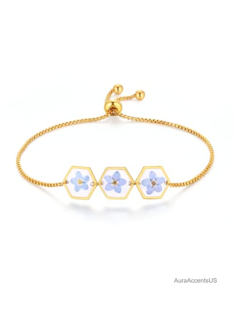 Pressed Wildflower Charm Bracelet Adjustable 316L Stainless Steel